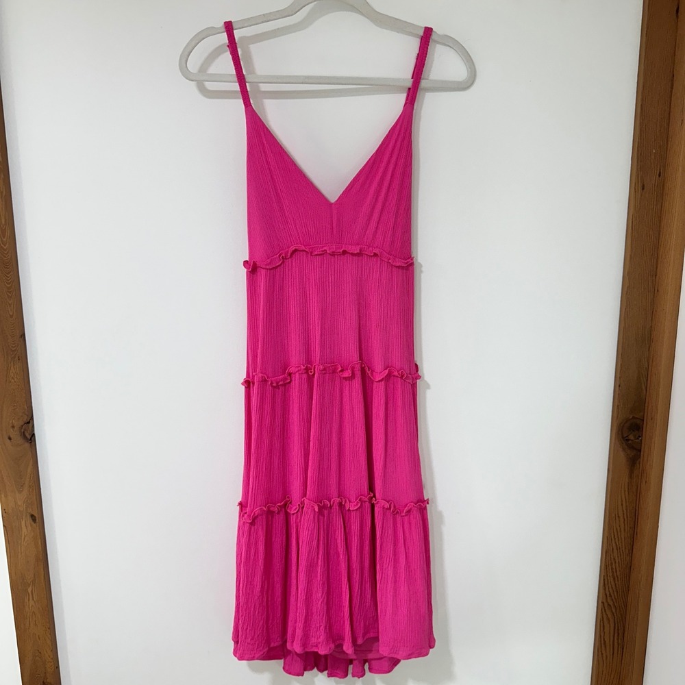 Haute Monde Tiered Ruffle Midi Dress Womens‎ Size S Hot Pink Tie Back Barbiecore